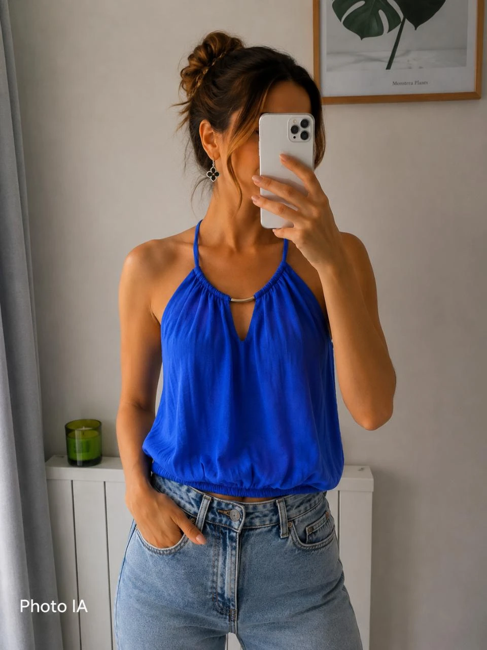 Top dos nu court ETAM bleu cobalt • Anneau doré • T. XS • Neuf